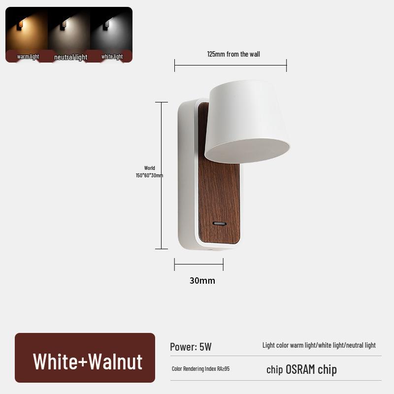 Rotatable LED Bedside Wall Light with Switch for Hotel, Guest Room, or Bedroom Reading.