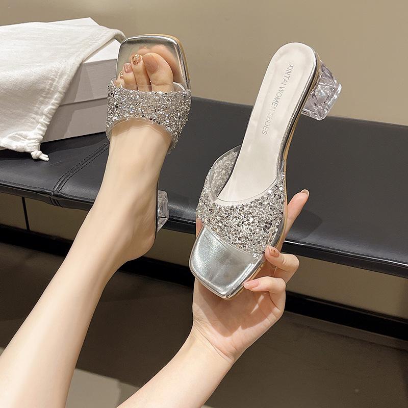 Female summer crystal feng shui slippers fashion 2025 outer wear diamond silver fairy French new thick heel high heel sandals