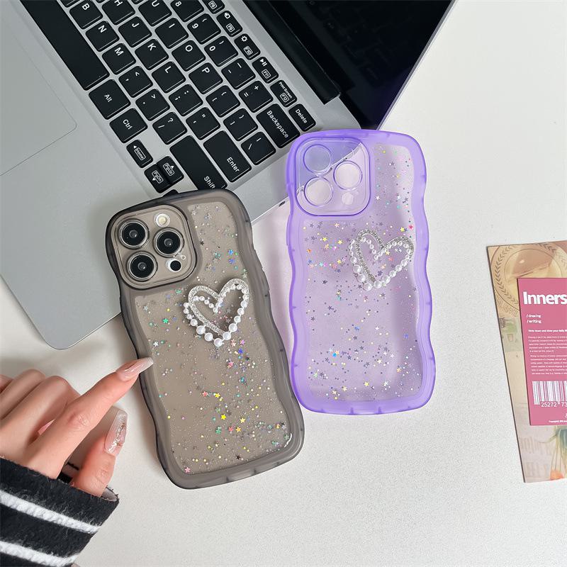 Apple 15 Promax Mobile Phone Case: Anti-Fall, Pearl Love, Soft Wave Transparent Epoxy DIY.