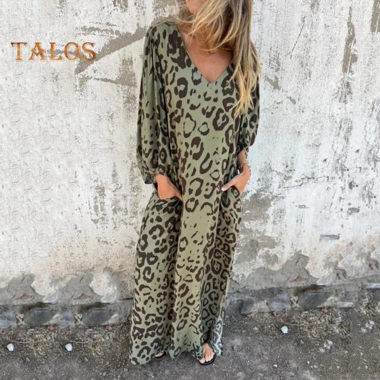 Women's Leopard Print Dress V-Neck Long Sleeve Maxi Dress Casual Loose Fit Spring Summer Dress for Office Daily Wear Vacation Party