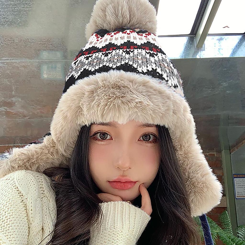 LYING Winter Knit Cap with Stylish Cable Knit Hat with Slimming Thick Fleece Warm and Perfect for and Outdoor Christmas Gift Women's Earflaps, Pom-Pom