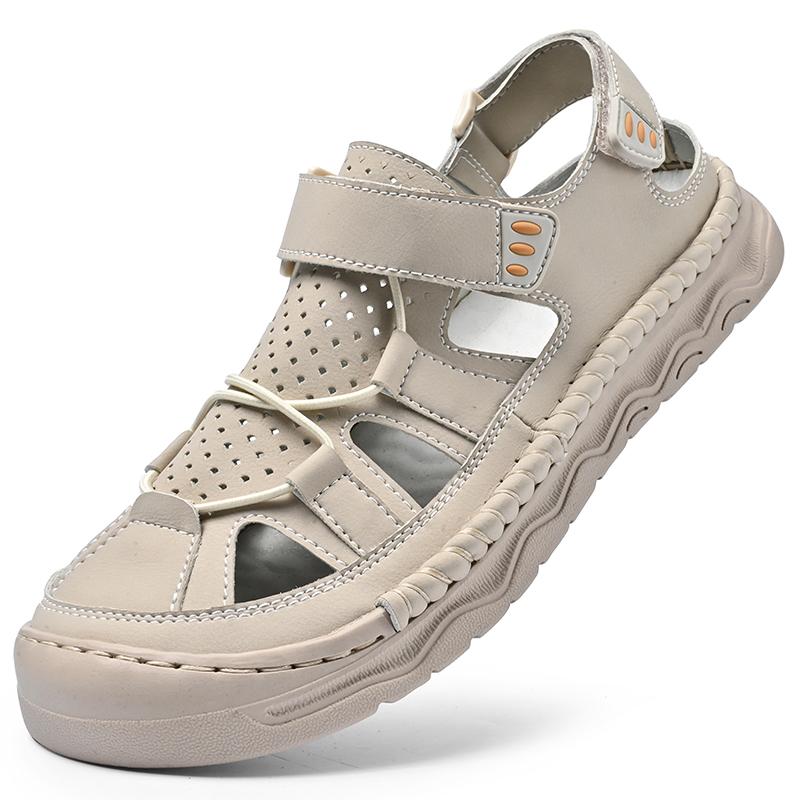 Summer Men's Leather Sandals Handmade Outdoor Ventilated Beach Slides Non-Slip Sole Casual Shoes