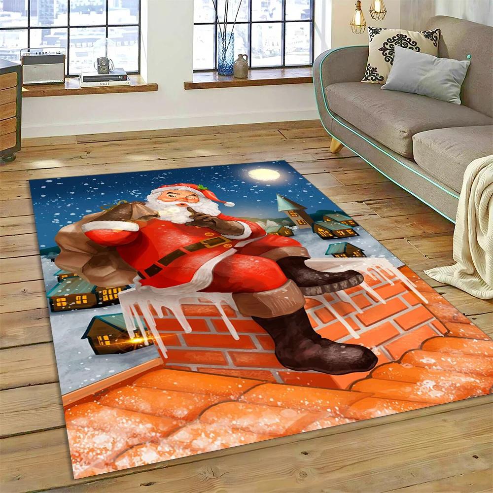 3D Merry Christmas Tree Santa Claus Cartoon Area Rug Large,Carpet for Home Living Room Sofa Doormat Decor,kid Non-slip Floor Mat