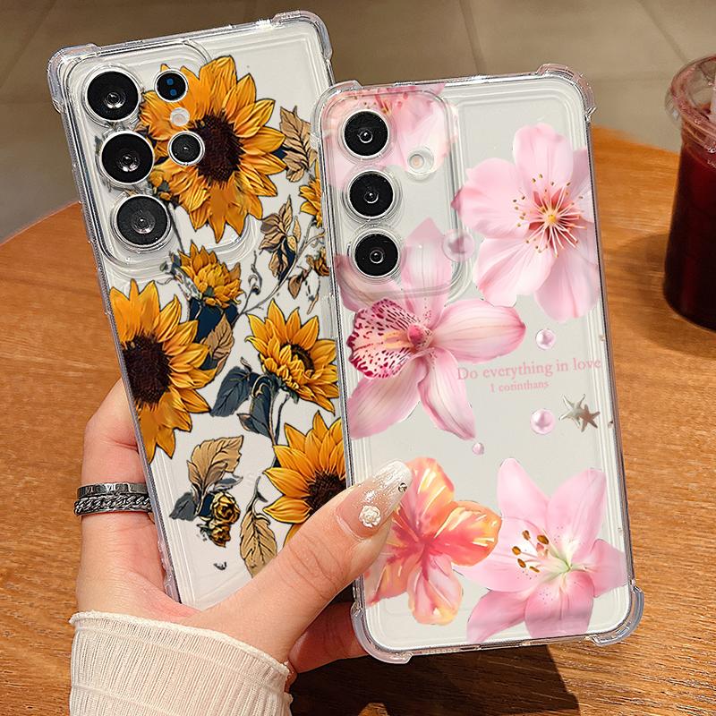 Clear Flower Patterned Phone Case For Samsung Galaxy S26 S25 S24 S23 Ultra S22 S26 Plus S21 S24 S25 FE Shockproof TPU Soft Cover