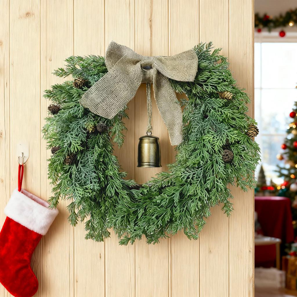Christmas Wreath-Inch Wreath With Bells,Bow,Pinecones,Artificial Christmas Wreaths For Front Door,for Indoor Outdoor Wall Window Porch Christmas Decor