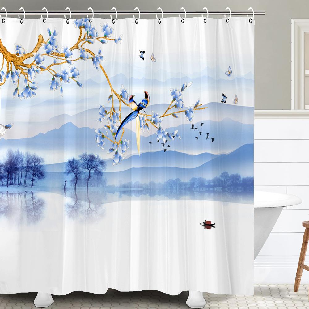 Shower Curtain Chinese Style Flower and Bird Waterproof Bathroom Curtain landscape Partition Curtain Bath Curtains With Hooks