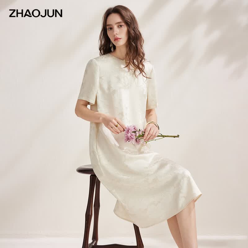 Zhao Jun 2026 S/S Mulberry Silk New Chinese Style Short Sleeve Jacquard Hollow Dress XL