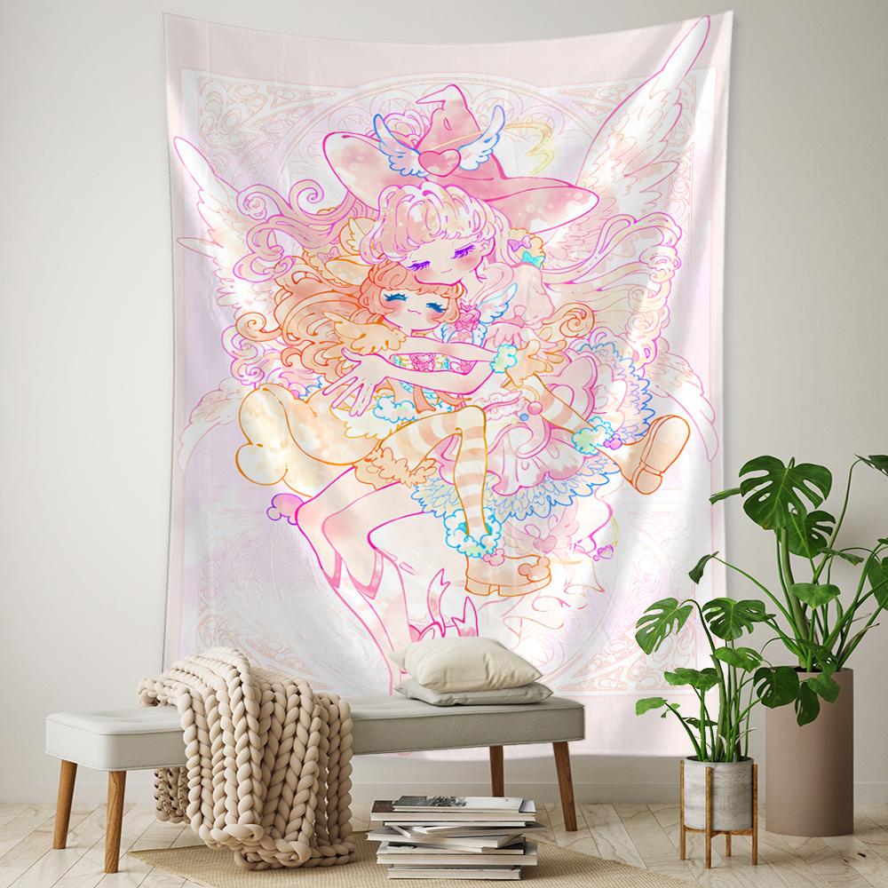 Cartoon Pink Anime Girl Tapestry Boho Kawaii Art Minimalistyczny Wiszący Na Ścianie Pokój Dziecięcy Wystrój Sypialni