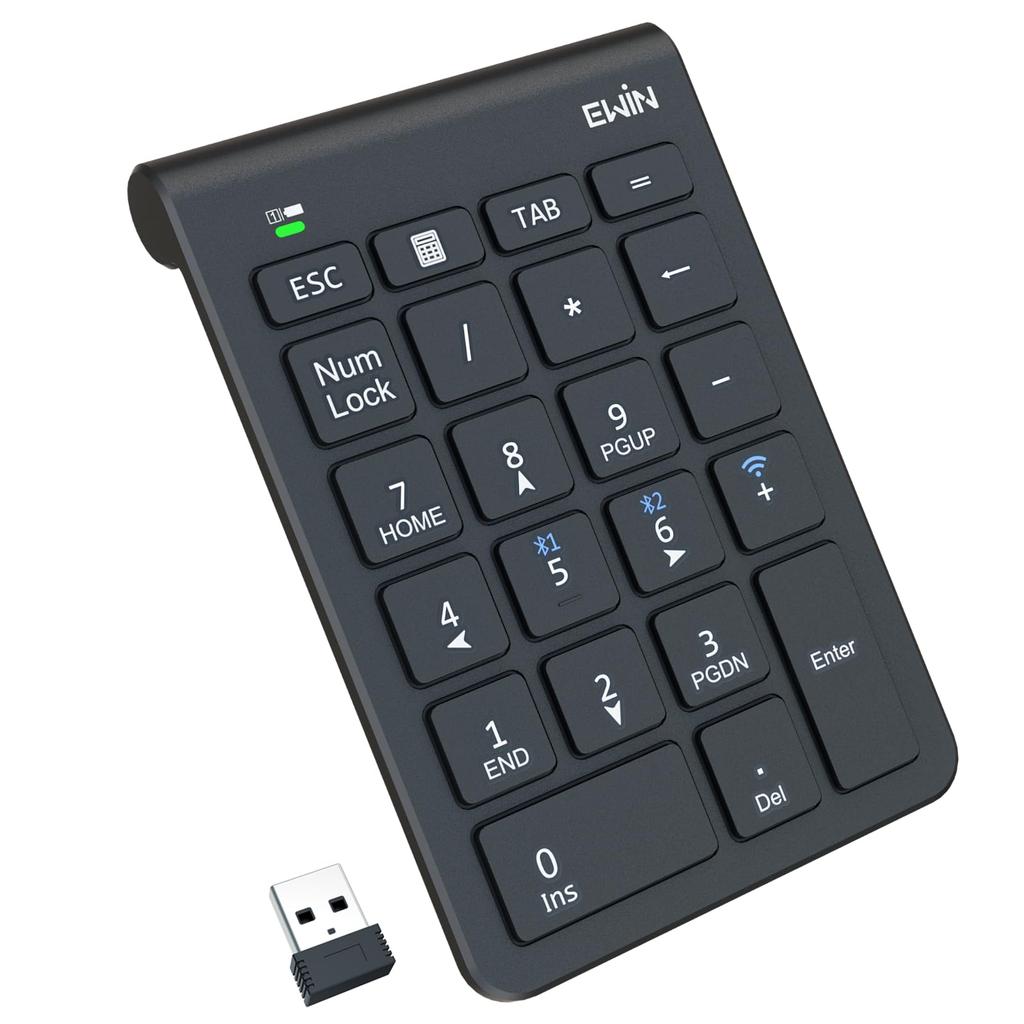 Ewin Numeric Keypad, Bluetooth2.4G Connection, Numlock Unlocked, Connects to 3 Devices, Wireless Number Keyboard, Ultra-Thin, Left-Handed or