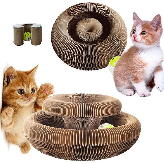 Magic Organ Cat Scratcher Pad with Bell-Ball, Cat Cardboard Lounge Bed, Kitty Kurlz Cat Toy, Cat Accordion Cordain, Foldable Interactive Cat Butler