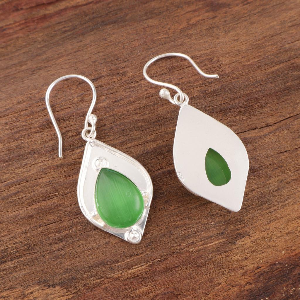 Green Cat's Eye Gemstone 925 Stamped Silver Jewelry Handmade Boho Earrings 1.90" EE-35-46