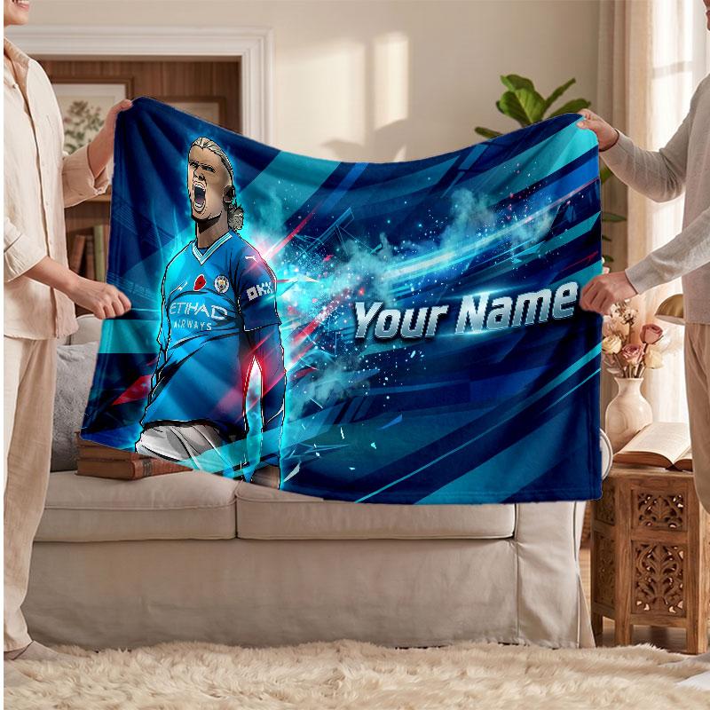 Erling Haaland Personalized Fleece Blanket With Football Logo, Custom Name Text Soft Warm Home Throw Blanket