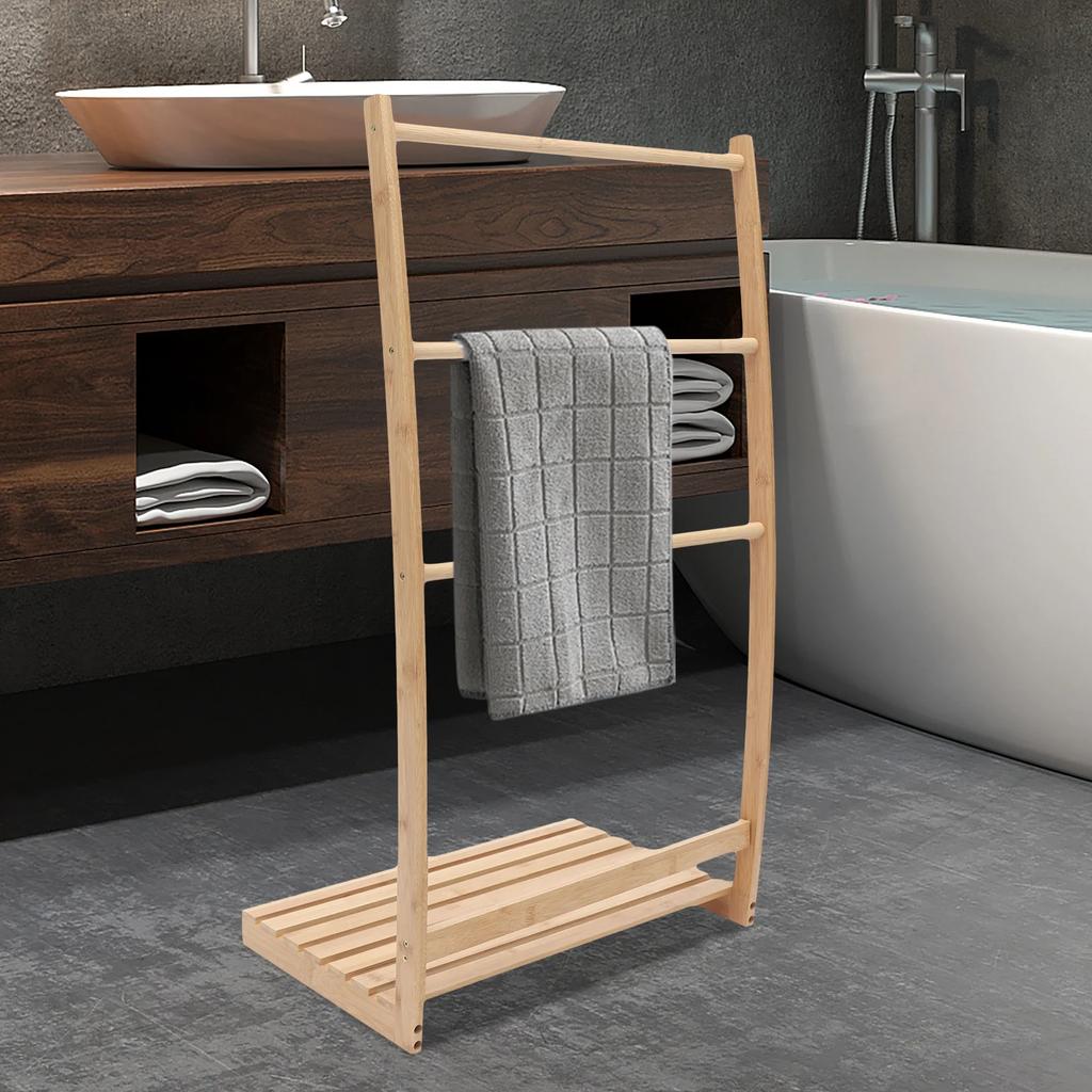 3-Tier Freestanding Towel Drying Rack Bamboo Bathroom Clothes Storage Stand Moisture-proof For Hotel Home