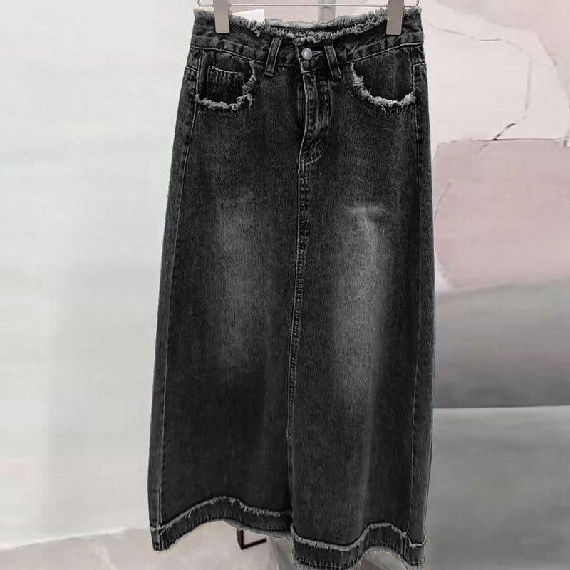 Women's High Waist Washed Black Denim Maxi Skirt Raw Hem Split Front Vintage Casual Streetwear Long Jean Skirt