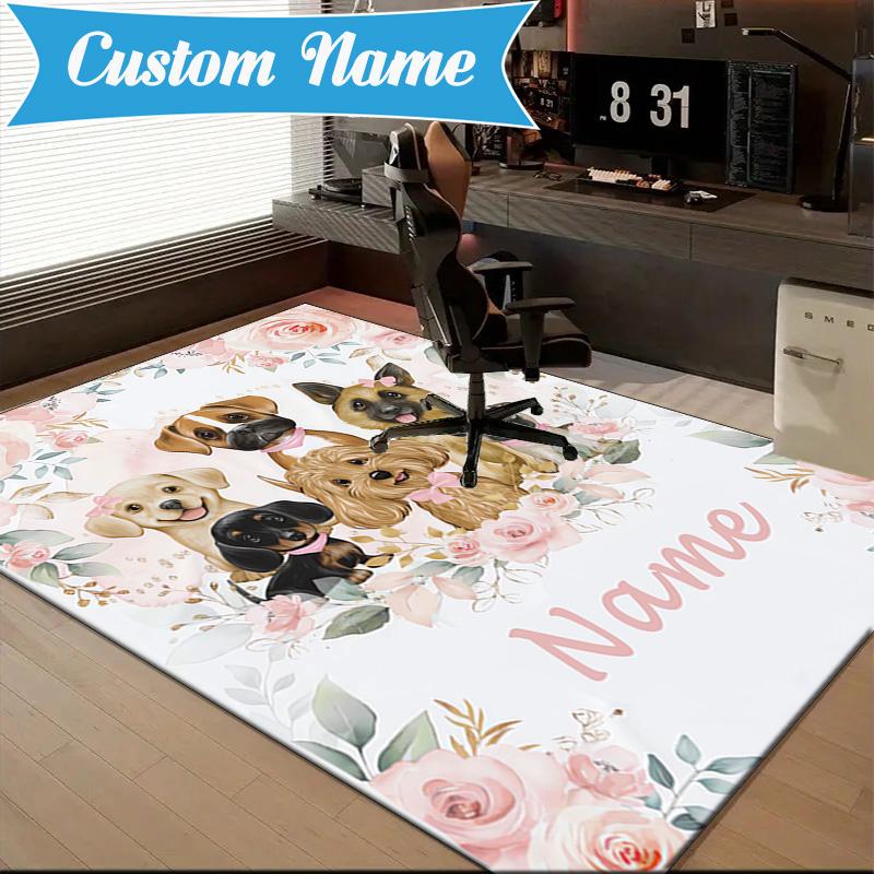 Custom Name Floral Puppies Art Rug for Living Room, Game Rooms, Office, Bedroom, Floor Mat Playful Design, fan gifts Christmas decor