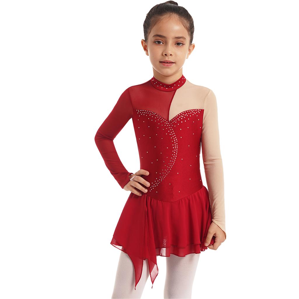 Κορίτσια Junior Sparkly Sequins Μακρυμάνικο Φόρεμα Χορού Leotard Στολή Διαγωνισμού καλλιτεχνικού πατινάζ Όμορφα ενδύματα χορού