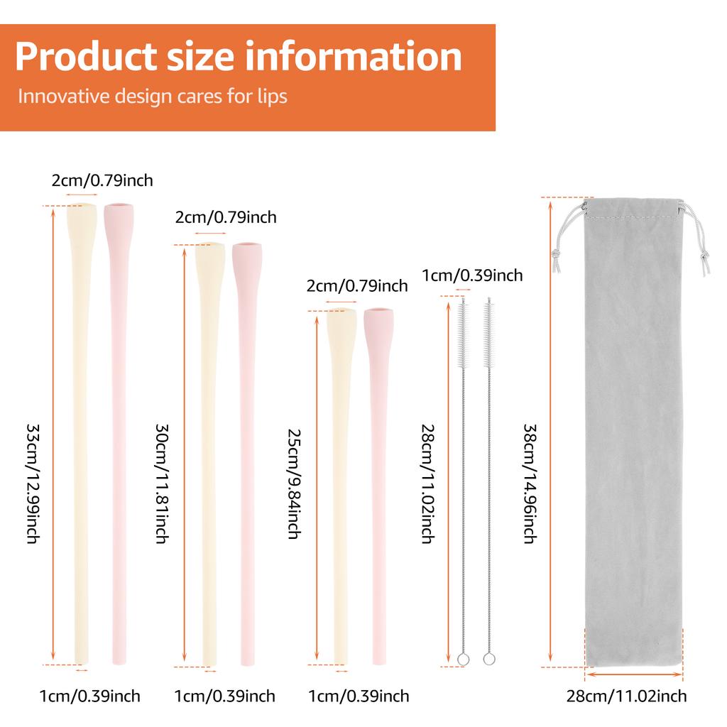 8pcs Silicone Straw Reusable Long Drinking Straws with Cleaning Brush Wrinkle Free Straws Cup accessories for stanley