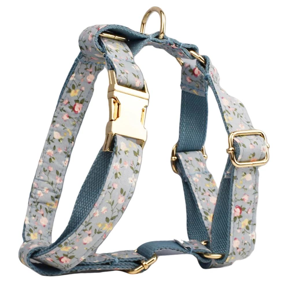 Personalized Floral Dog Collar Leash Harness Set with Bow & Poop Bag Holder - Quick Release Adjustable Pet Accessories for