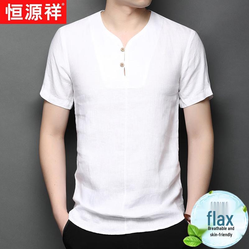 Hengyuanxiang Men's 100% Linen Short Sleeve T-Shirt