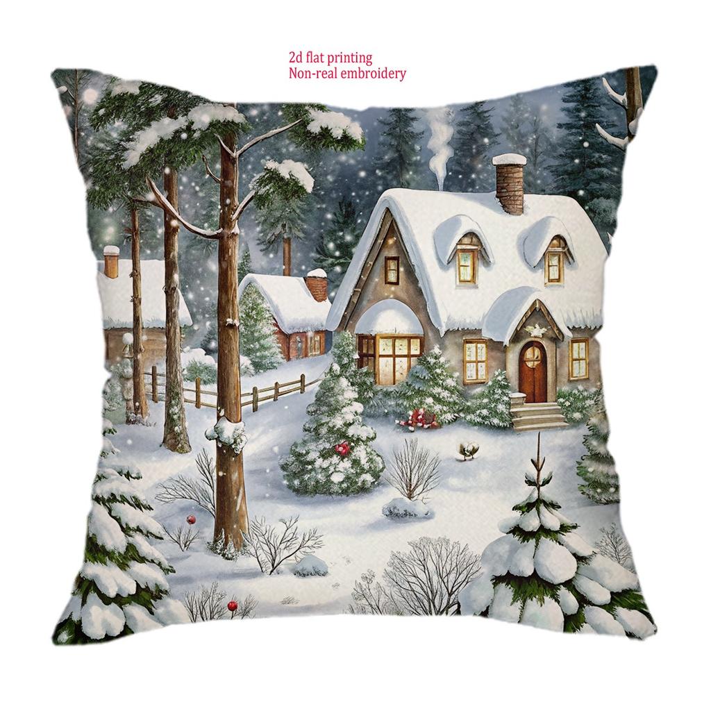 Christmas Snowy Village Pillowcase: 2D Flat Printed For Festive Charm! Sofa Cushion Cover, New Year Home Decoration