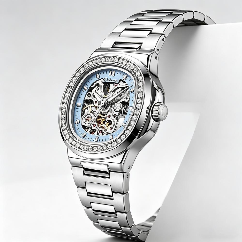 Skeleton Mechanical Watches Rose Gold Case Diamond Bezel Luminous Waterproof Fluororubber Strap Watch