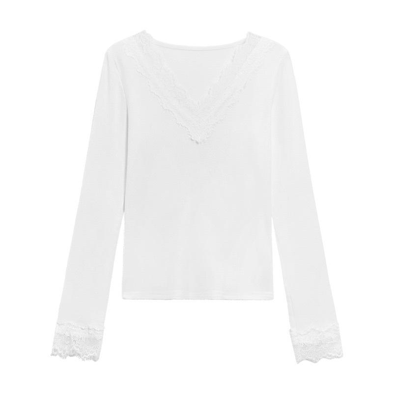 

German velvet lace splicing polished long-sleeved T-shirt women s V-neck slim-fitting and thin niche bottoming top s [recommended within 45kg ] белый