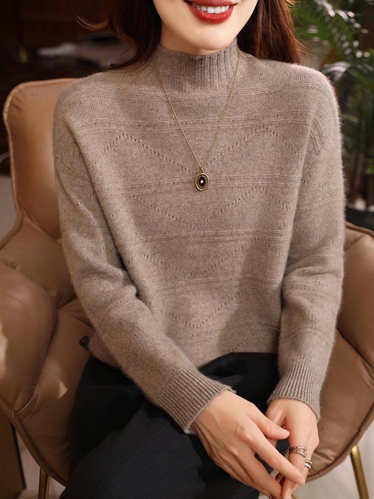 European Hollow Pure Wool Sweater - Women's Autumn/Winter Round Neck Knitwear