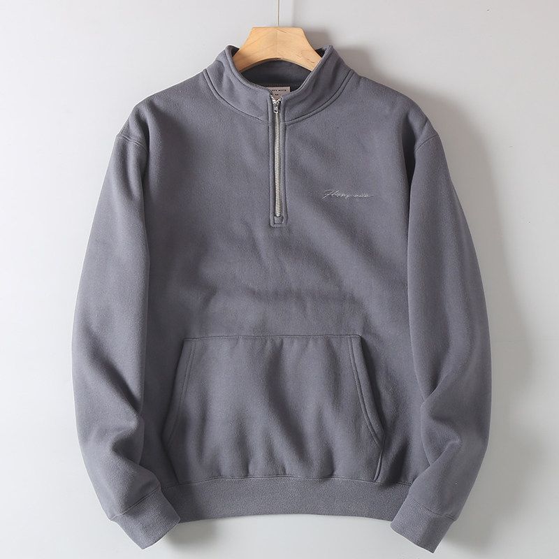 Designer-Style Half-Zip Stand Collar Fleece-Lined Autumn and Winter Men's Fashion Thickened Sweatshirt with Cut Tags, Export Surplus