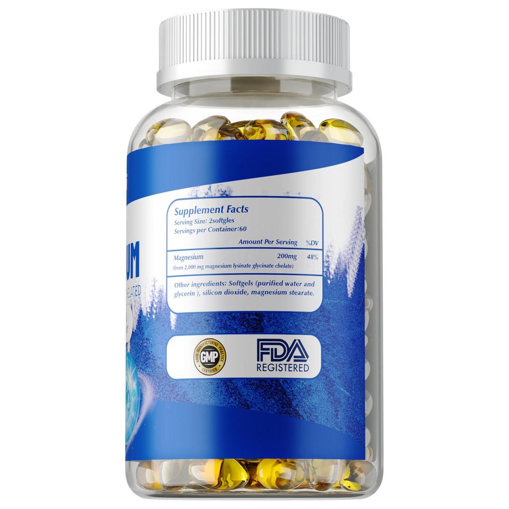 Magnesium glycine capsules supplement, non-GMO, vegetarian, helps with sleep, 120 softgels.
