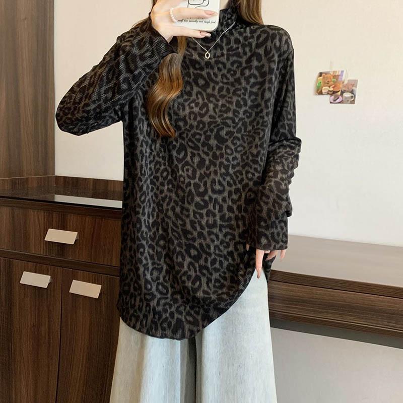 Mikina Velká Velikost Leopardí Vzor Poloviční Vysoký Límec Tištěné Topy s Dlouhým Rukávem Dámské Spodní Tričko