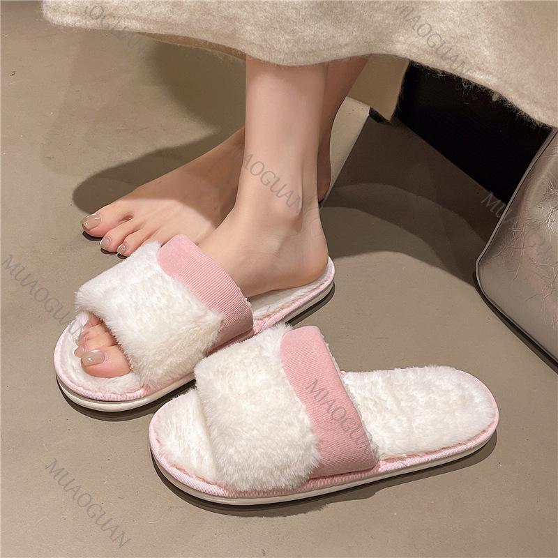 Fashion New Flat Bottom Furry Slippers Warm Home Room Plush Cotton Slides for Women Casual Soft Sole Autumn Winter Open Toe Pantoffels
