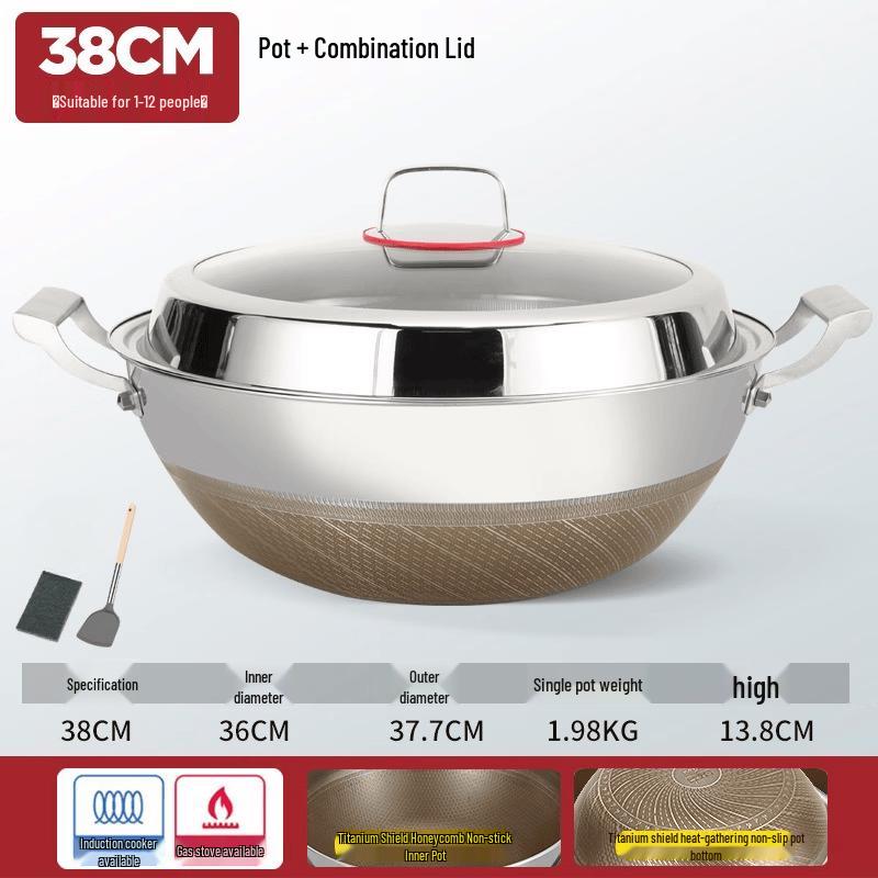 ZISIZ 38cm 304 Stainless Steel Non-Coated Titanium Stew Wok