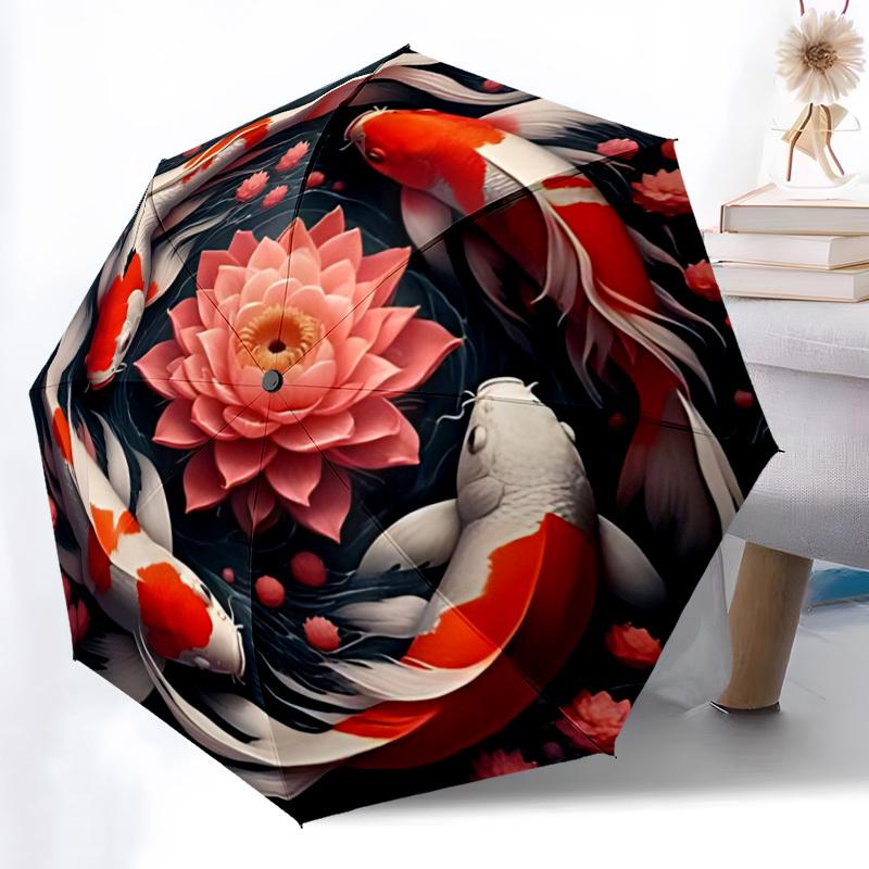 1pc Koi Fish Pond Folding Umbrella, Durable, Suitable for Outdoor Activities or Rain, Suitable for Commuting yy251027082