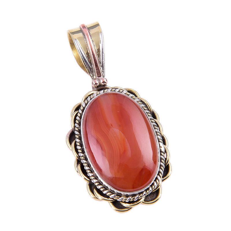 Natural Carnelian Gemstone 925 Solid Sterling Silver Two Tone Pendant 1.50" E9m82