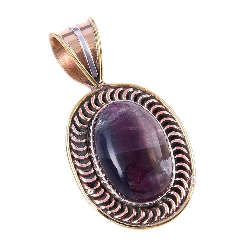 Natural Fluorite Gemstone 925 Solid Sterling Silver Two Tone Pendant 1.25" t6w76
