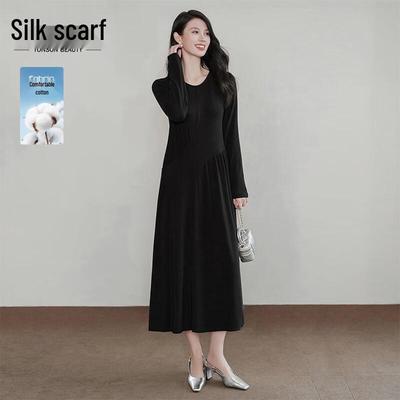 Silbaishi Damen Rundhals Langarm Midi-Kleid