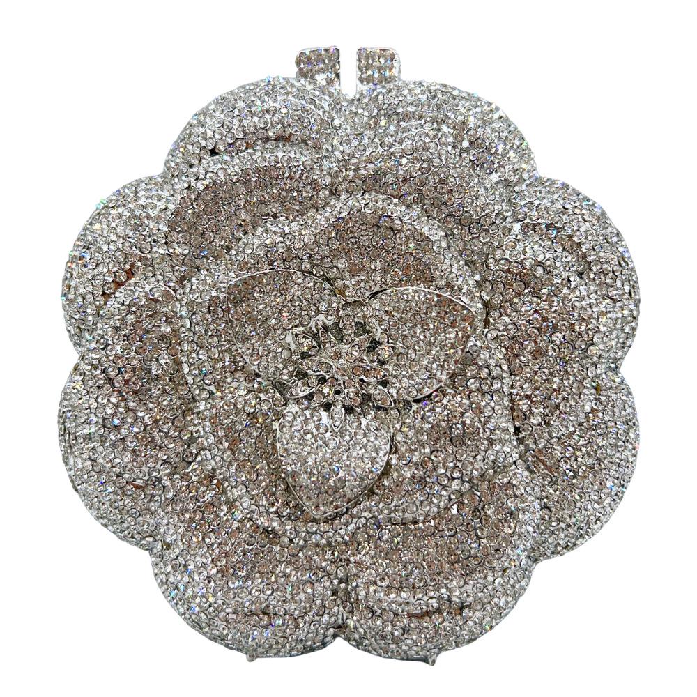 Handmade Rhinestone Floral Evening Clutch - Three-dimensional Design for Weddings & Banquets