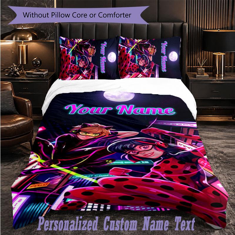 Personalized 3Pcs Bedding SetMiraculous Ladybug Custom Text Duvet Cover Pillowcase Set Bedroom Gift