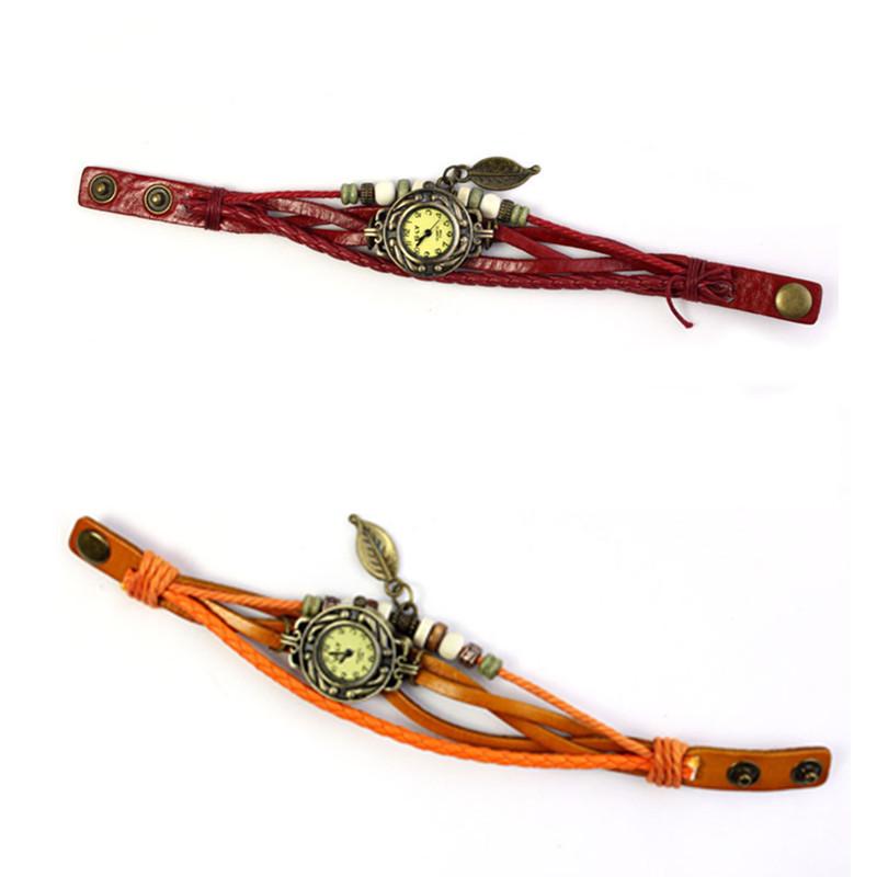 Womens Bracelet Weave Wrap Quartz Leather Leaf Beads Wrist Watches