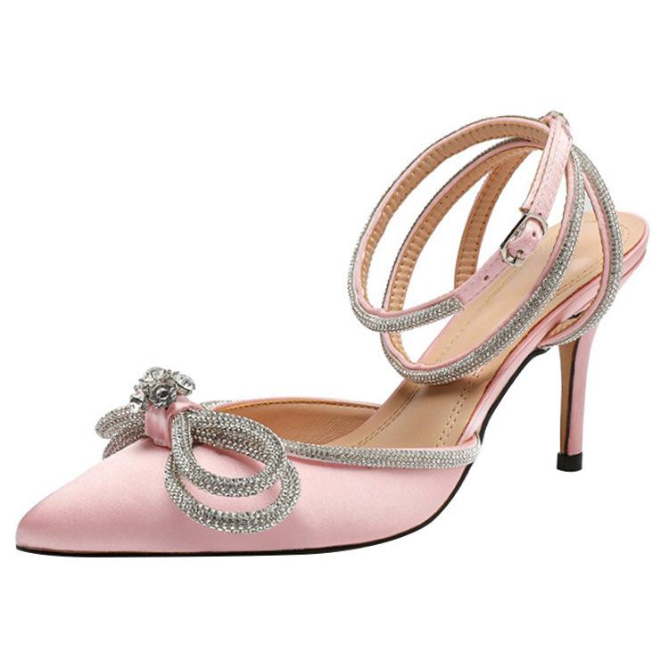 Summer Baotou Back Empty High-heeled Sandals Bow Rhinestone High-heeled Shoes European and American Design Sense Niche European and American Style De