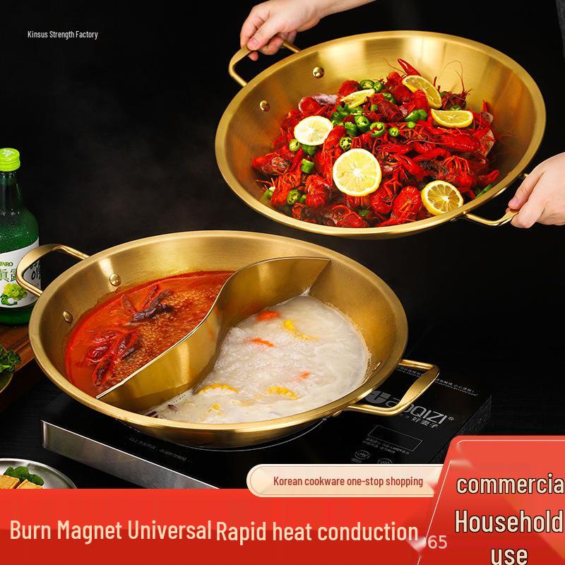 

Golden Stainless Steel Commercial Induction Cooker with Clear Soup and Mandarin Duck Compartment (Round Bottom, Thickened) Golden 45cm Flat Clear Soup Pot