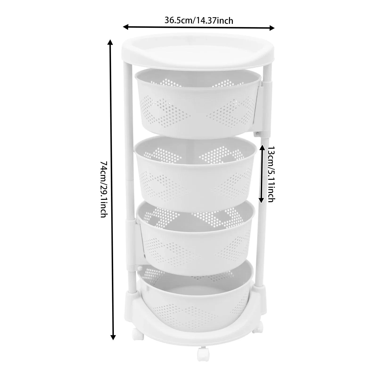 

4-ярусная вращающаяся кухонная корзина, штабелируемая полка, органайзер для фруктов и овощей на колесиках, многослойная круглая тележка для хранения, экономящая место белый