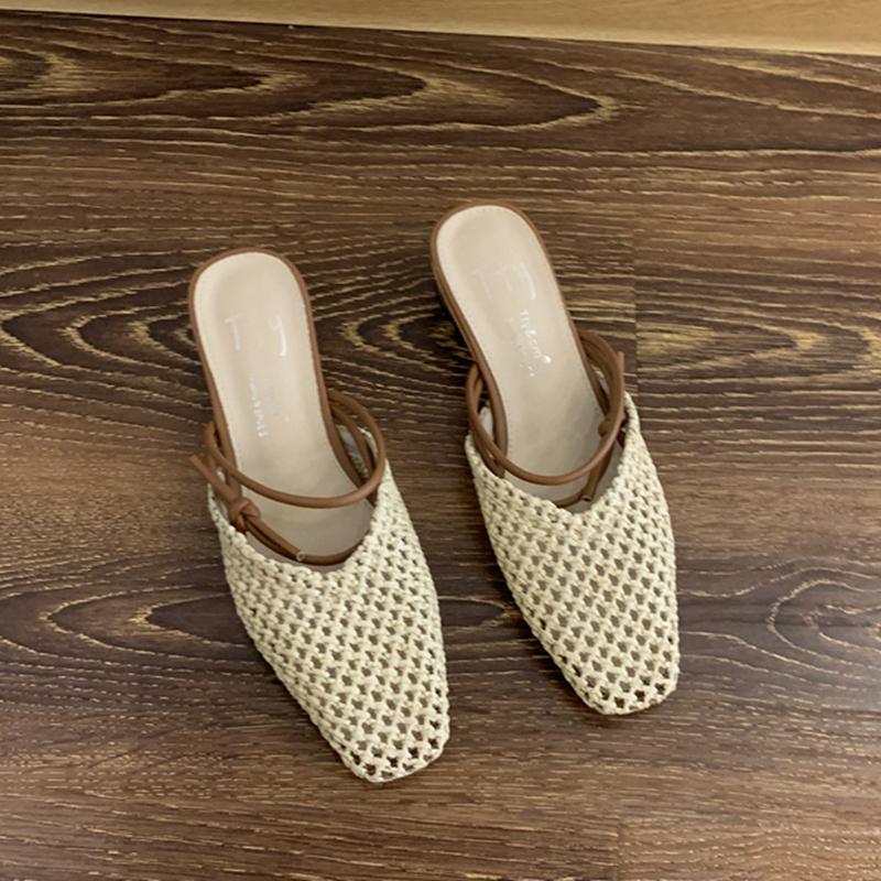 Fashion SUOJIALUN Summer New Women Slip On Mules Shoes Fashion Cane Weave Ladies Sandal Shoes Square Low Heel Outdoor Casual Slipper