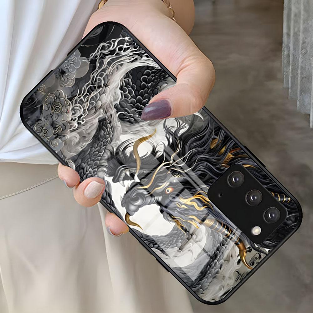 Art Dragon Phone Case For Samsung S26 S25 S24 FE S23 S22 S21 Plus S20 Ultra Note20Ultra Black Glass Cover