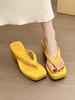 Mint Camellia! Temperament Suede Square Head Metal Buckle Slope Heel Flip-flops Female Summer Toe Thick-soled Slippers