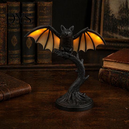 Dark Academia Bedroom Accessory Vintage Black Bat Table Lamp, Resin Gothic Decorative Night Light, Retro Desk Light Style Lamp for Living Room Office,