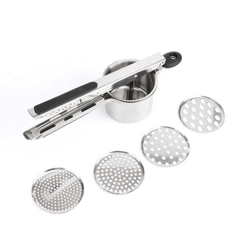 Stainless Steel Manual Potato Ricer with Silicone Grip Handle with Interchangeable Fineness Mesh Potato Masher Kitchen Gadget