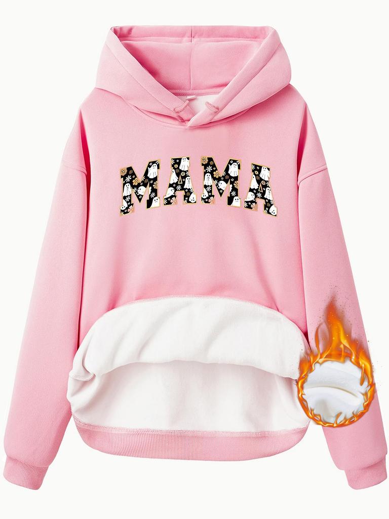 European & American Women's Fleece-Lined Hooded Sweatshirt with Kangaroo Pocket, MAMA Print - Autumn/Winter