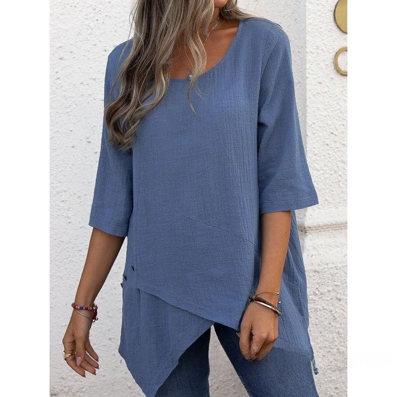 Camicia in Cotone e Lino Stile Bohémien Vestibilità Larga con Design Irregolare per Abbigliamento Casual Primaverile