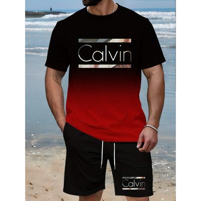 Traje Casual con Estampado Degradado para Hombre, Camiseta de Manga Corta con Cuello Redondo y Pantalones Cortos con Bolsillo y Cordón, Ropa Deportiva de Verano para Exteriores